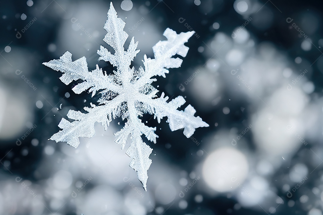 Lindo floco de neve isolado destacado com sombra no fundo azul escuro.