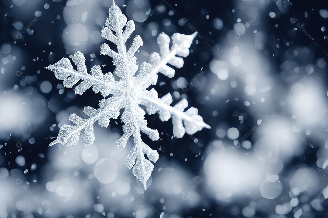 Lindo floco de neve isolado destacado com sombra no fundo azul escuro.