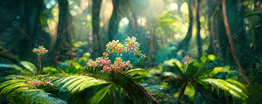 Uma bela floresta encantada de conto de fadas com grandes árvores e grande vegetação. Fundo de pintura digital.