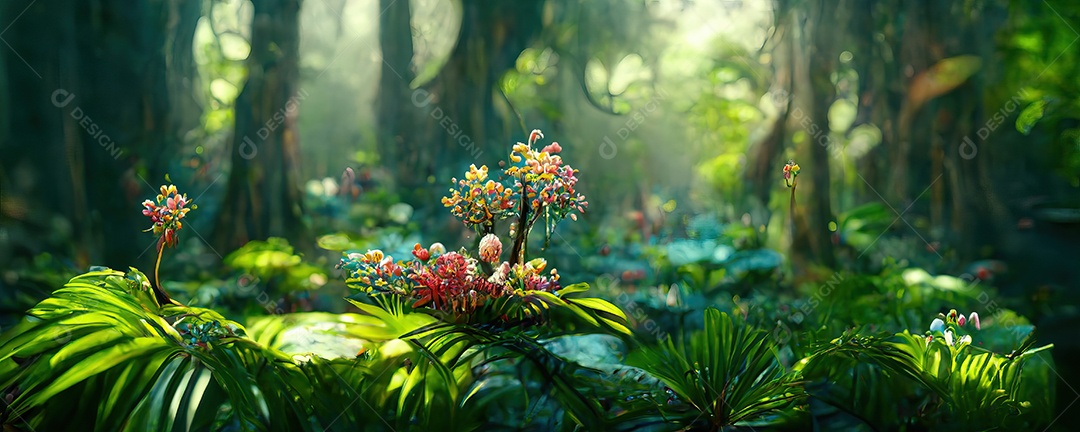 Uma bela floresta encantada de conto de fadas com grandes árvores e grande vegetação. Fundo de pintura digital.