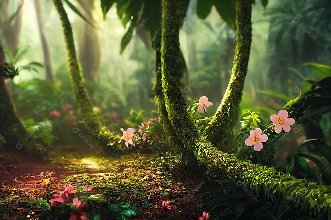 Uma bela floresta encantada de conto de fadas com grandes árvores e grande vegetação. Fundo de pintura digital.