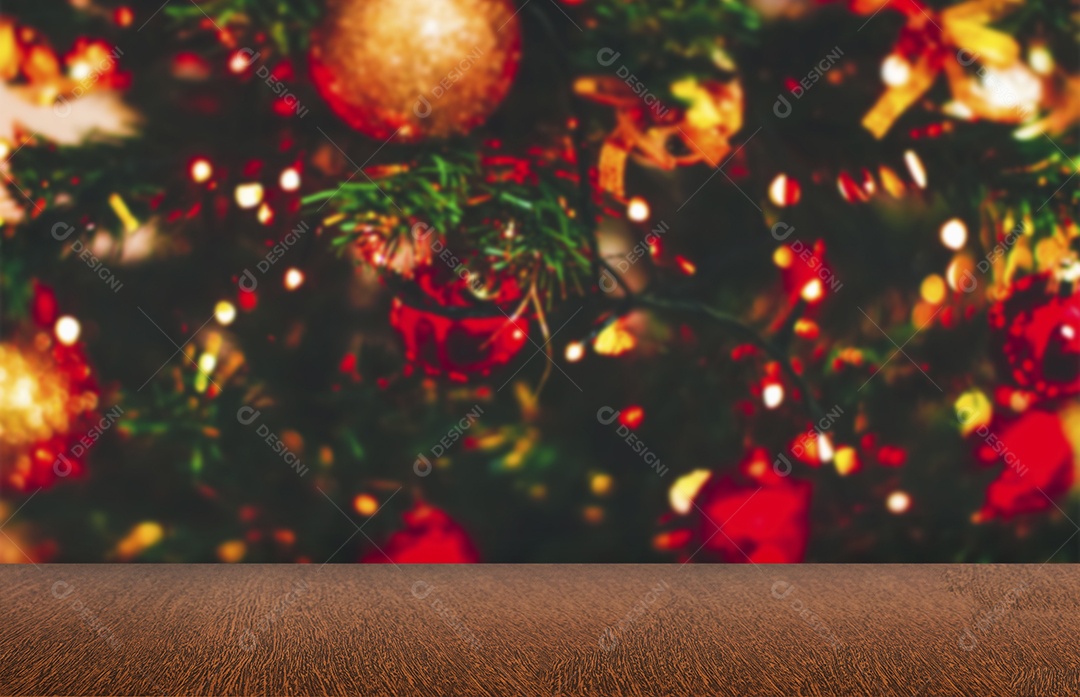 Fundo de natal e mesa de madeira vazia com fundo desfocado ou mesa de madeira com fundo bokeh de férias.