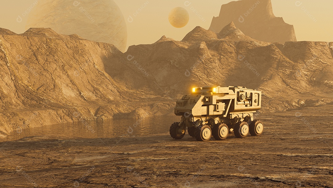 veículo autômato rover na missão de exploração da superfície do planeta alienígena.