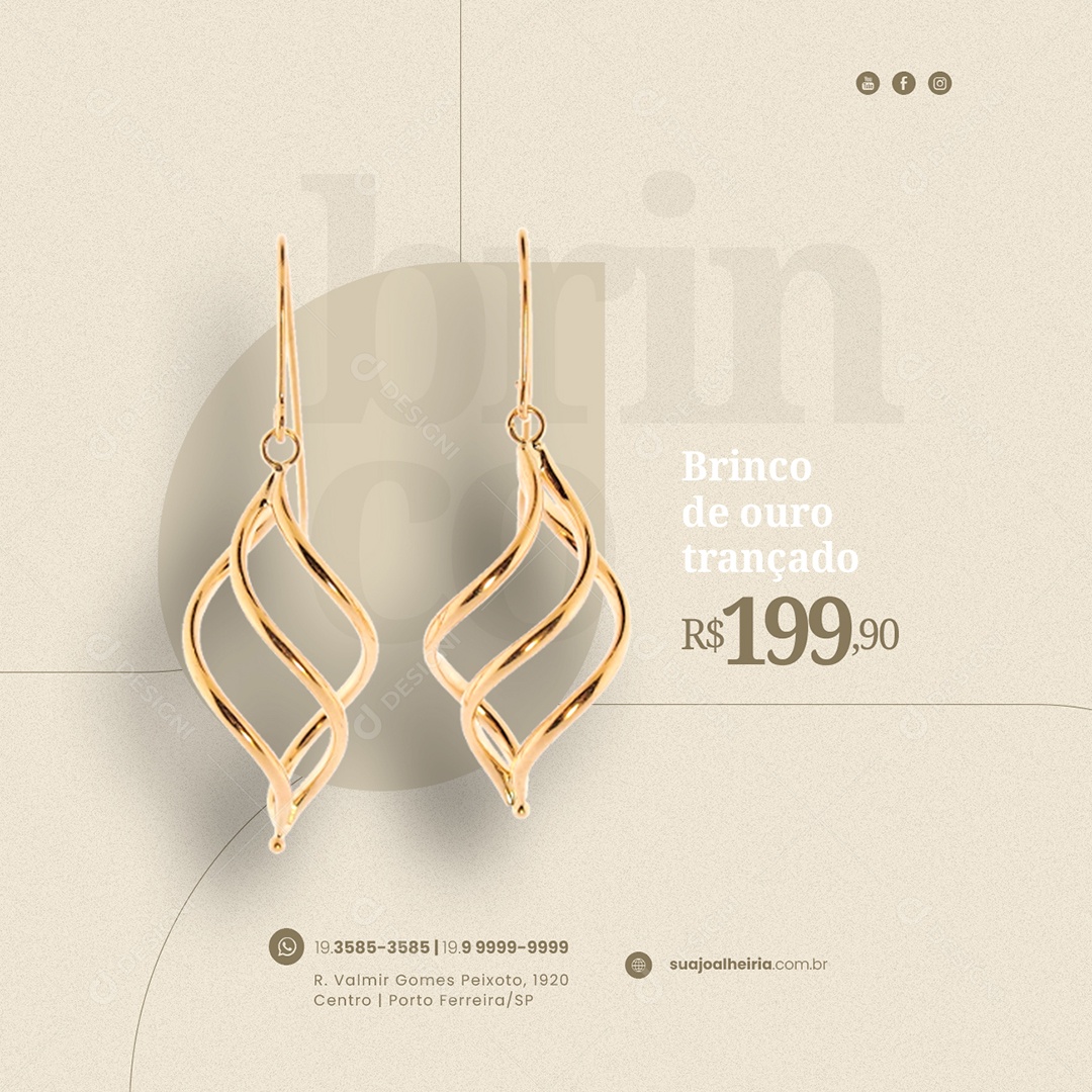 Brinco de Ouro Trançado Joalheria Social Media PSD Editável