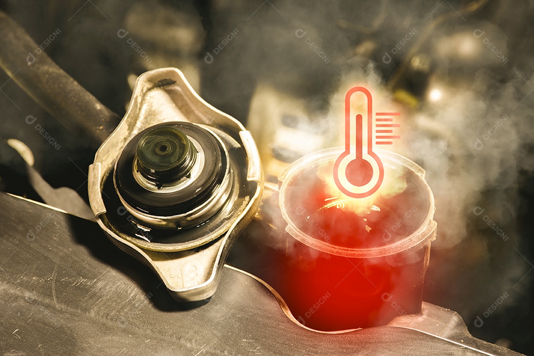 Superaquecimento e fumaça do radiador do carro com sinal de alta temperatura