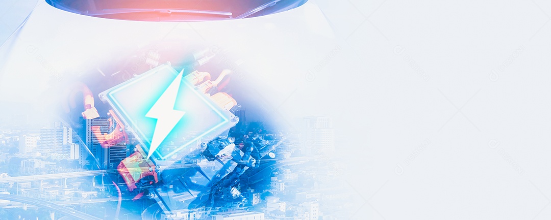 Carro EV e motor elétrico com ambiente urbano, duplo