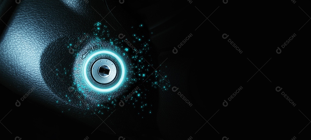 Orifício da chave do carro para iniciar a ignição com um brilho de luz azul e faísca