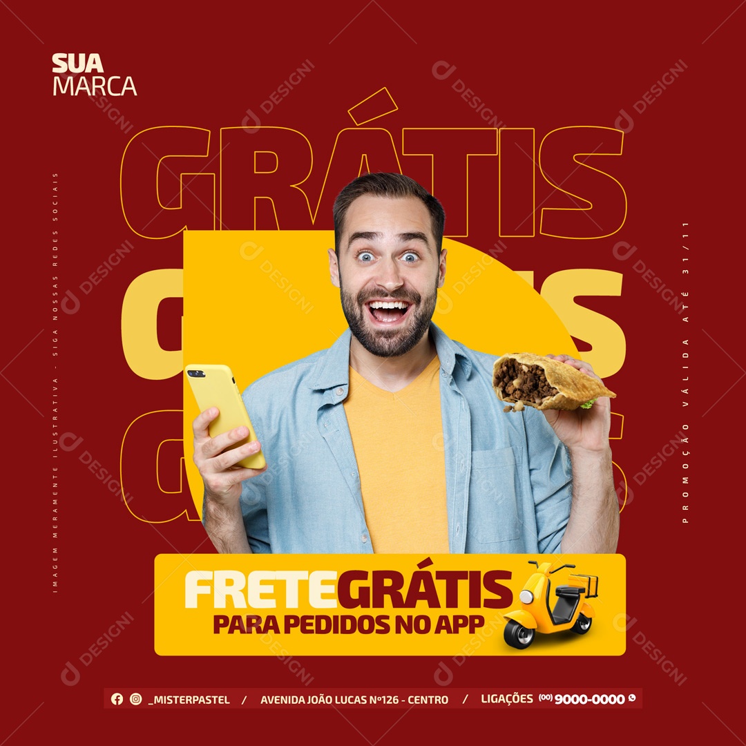 Frete Grátis para Pedidos no APP Delivery Pastelaria Social Media PSD Editável