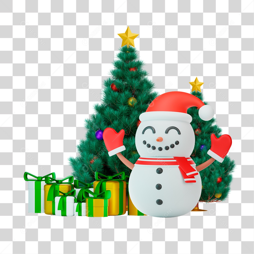 Boneco de Neve e Vários Presentes Elemento 3D PNG Transparente