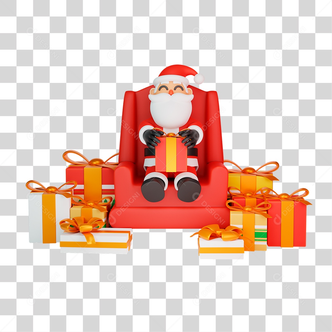 Papai Noel e Várias Caixas de Presente Elemento 3D PNG Transparente