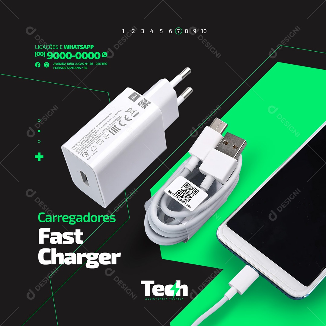 Carregadores Fast Charger Assistência Técnica e Conserto de Celulares Social Media PSD Editável