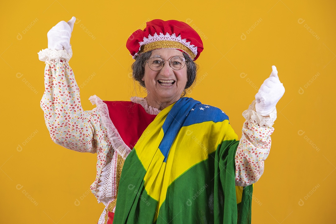 Mamãe Noel sorridente segurando bandeira brasileira Feliz Natal sobre fundo isolado