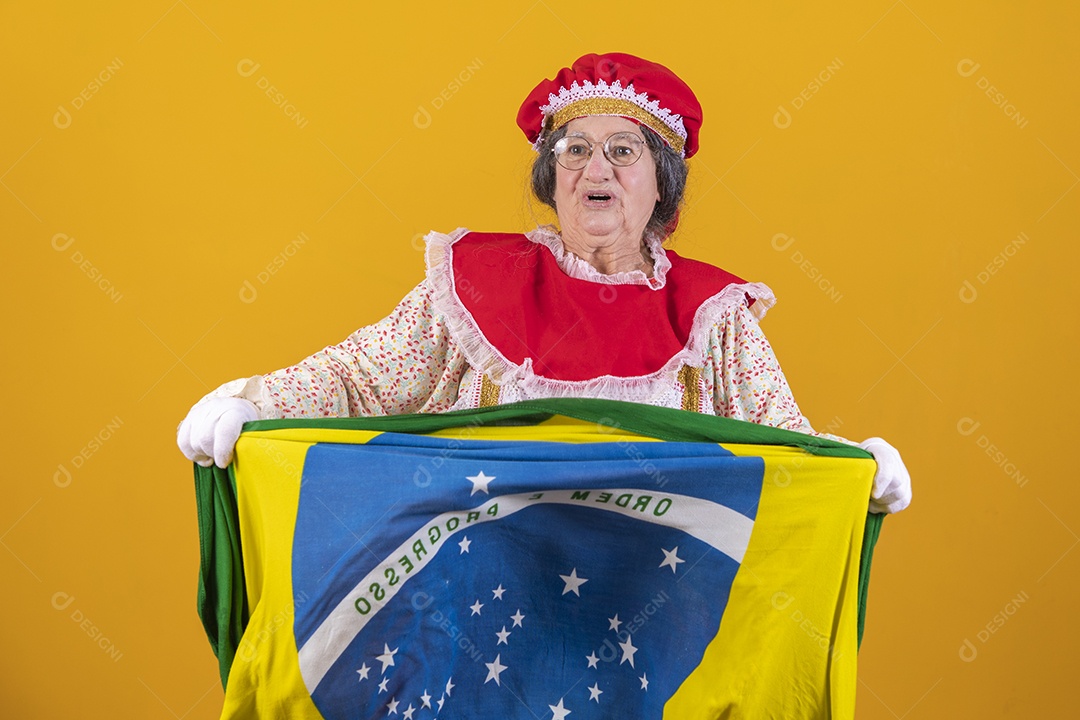 Mamãe Noel sorridente segurando bandeira brasileira Feliz Natal sobre fundo isolado