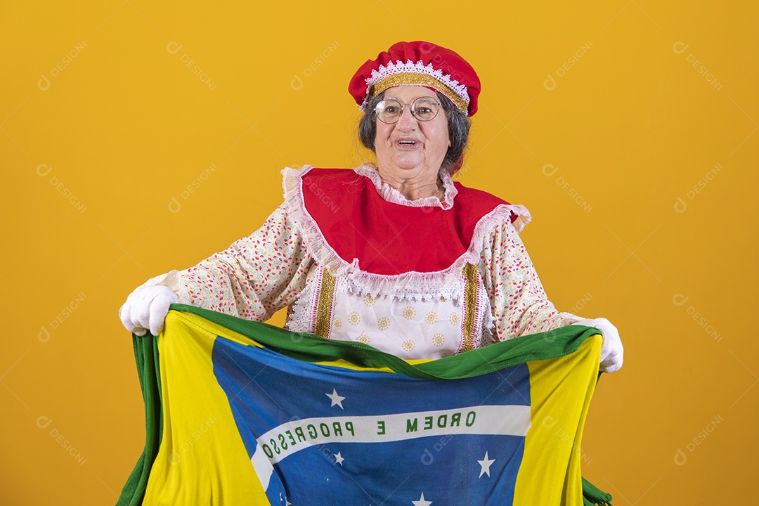 Mamãe Noel sorridente segurando bandeira brasileira Feliz Natal sobre fundo isolado