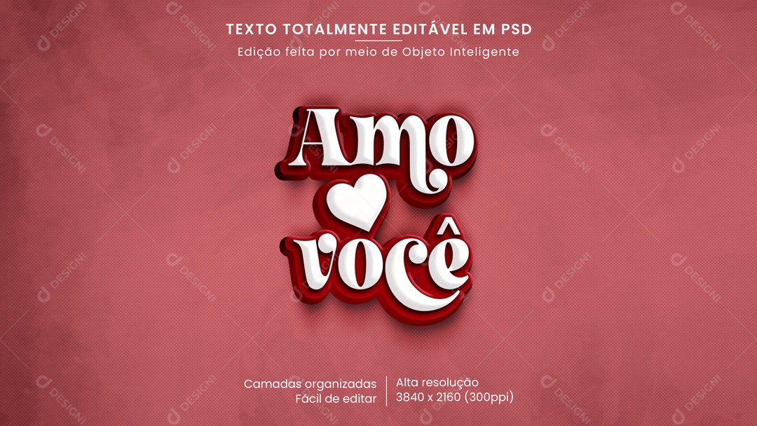 Efeito de Texto 3D Amo Você PSD Editável