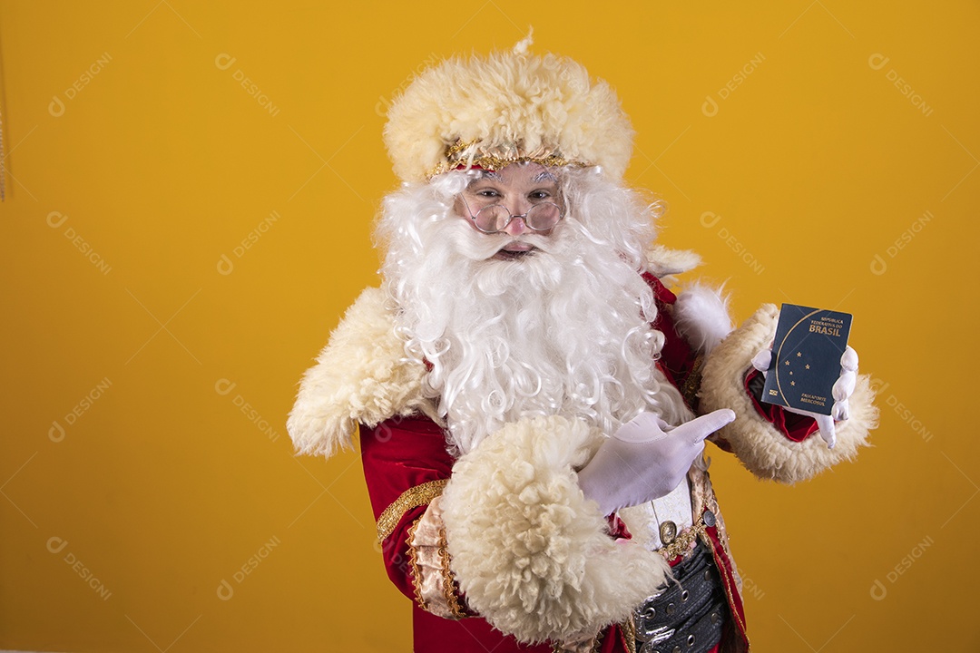 Happy smiling Santa Claus Merry Christmas isolated yellow background