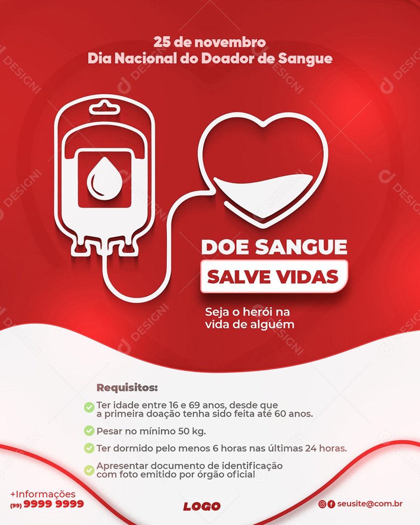 Doe Sangue e Salve Vidas Dia Nacional do Doador de Sangue Social Media PSD Editável