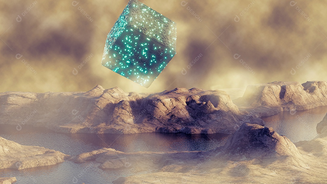 Paisagem futurista de ficção científica com luzes de néon cubo voando