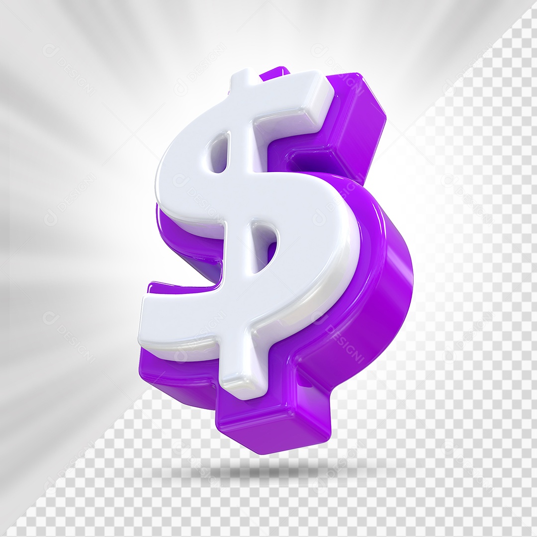 Símbolo do Dólar Roxo e Branco Elemento 3D Para Composição PSD