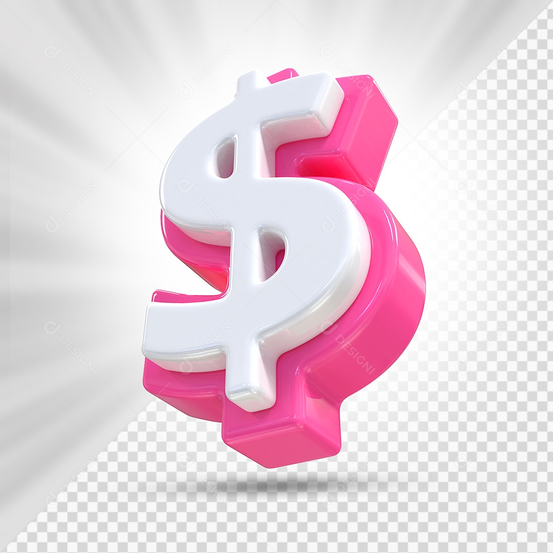 Símbolo do Dólar Rosa e Branco Elemento 3D Para Composição PSD