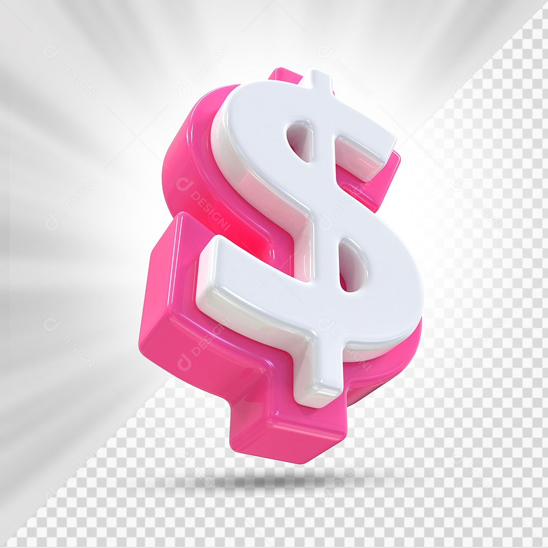 Símbolo do Dólar Rosa e Branco Elemento 3D Para Composição PSD