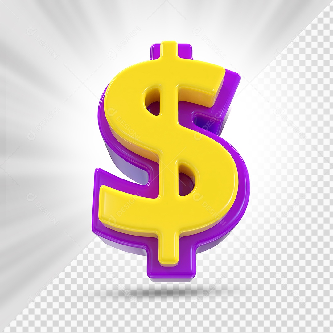 Símbolo do Dólar Roxo e Amarelo Elemento 3D Para Composição PSD