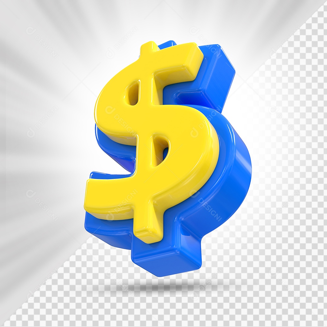 Símbolo do Dólar Azul e Amarelo Elemento 3D Para Composição PSD