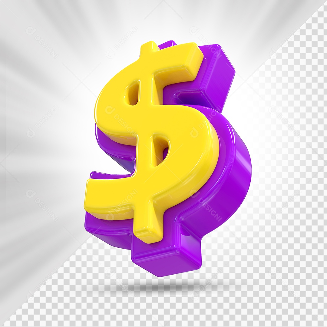 Símbolo do Dólar Roxo e Amarelo Elemento 3D Para Composição PSD