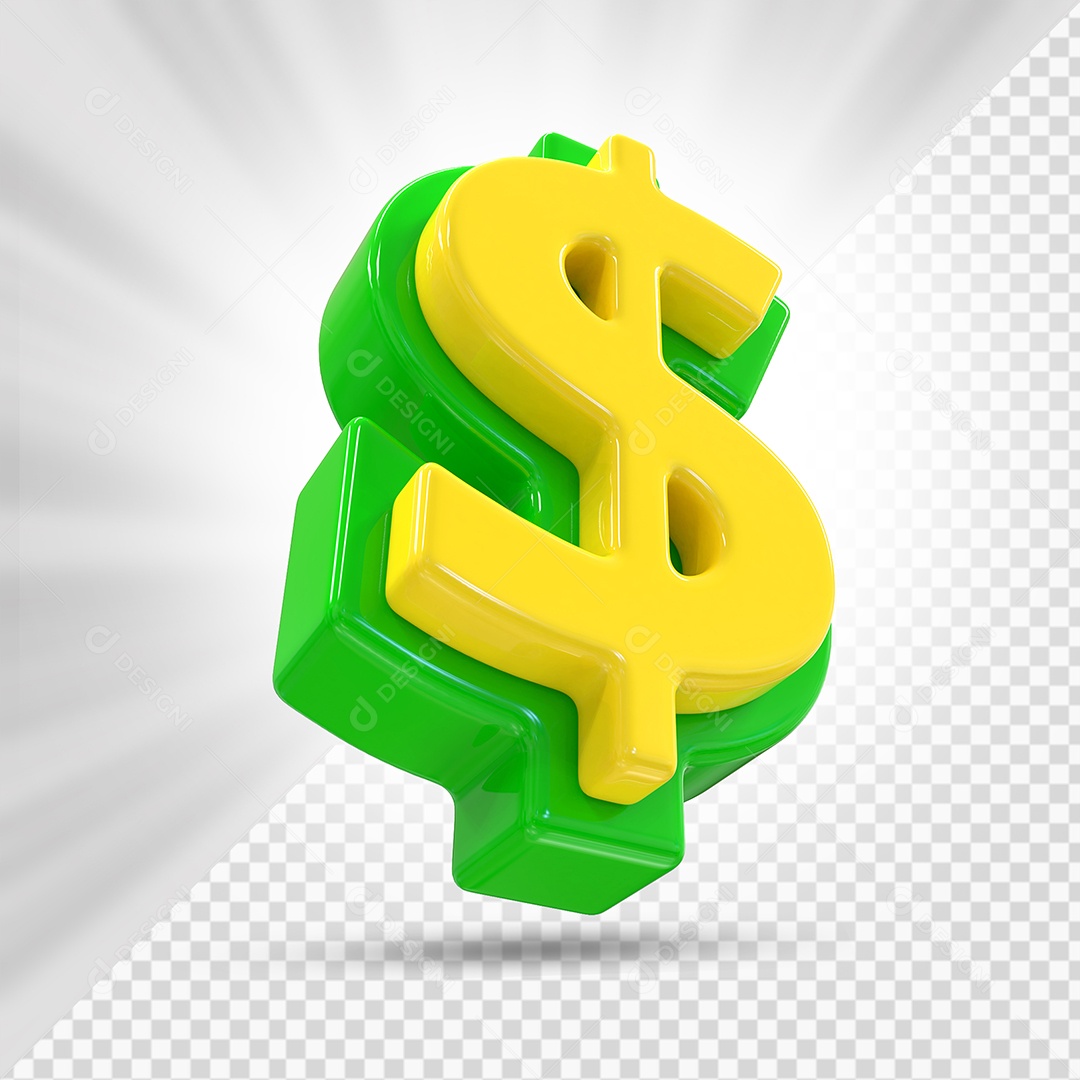 Símbolo do Dólar Verde e Amarelo Elemento 3D Para Composição PSD