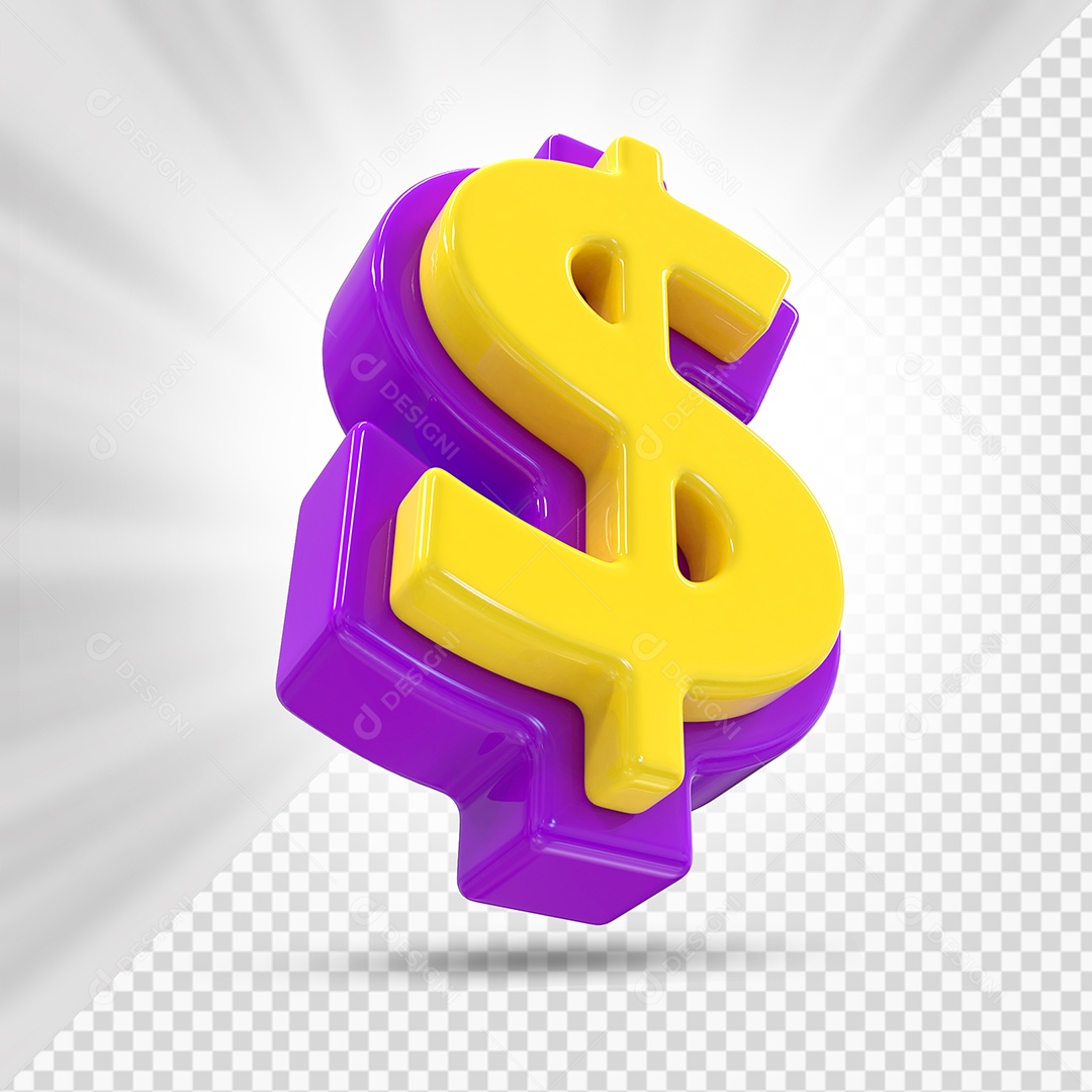 Símbolo do Dólar Roxo e Amarelo Elemento 3D Para Composição PSD