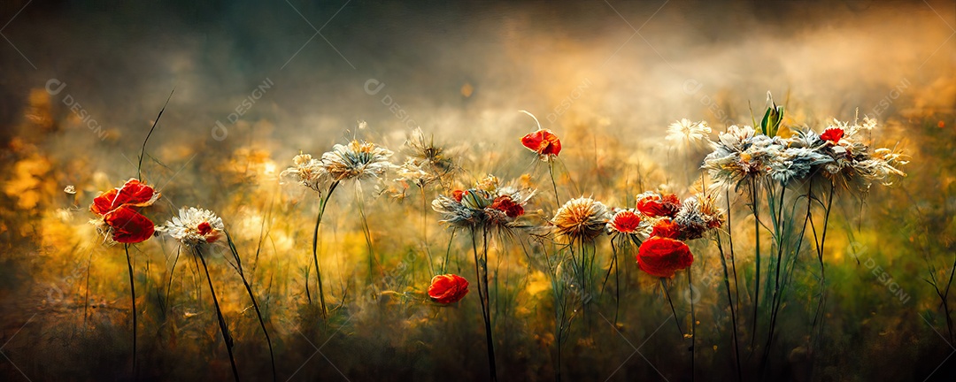 Belo campo florido com rosas em um jardim durante o pôr do sol com cores inojos.