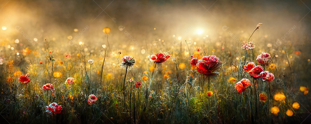 Belo campo florido com rosas em um jardim durante o pôr do sol com cores inojos.