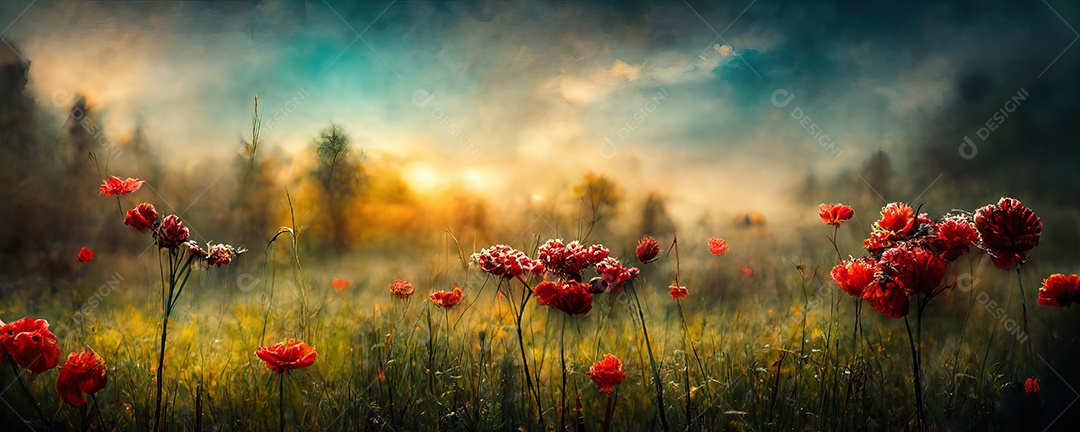 Belo campo florido com rosas em um jardim durante o pôr do sol com cores inojos.