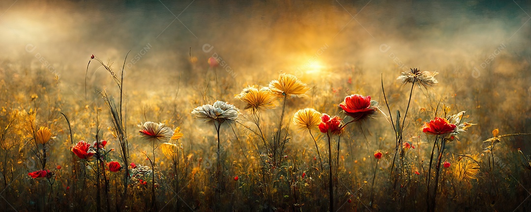 Belo campo florido com rosas em um jardim durante o pôr do sol com cores enojos.