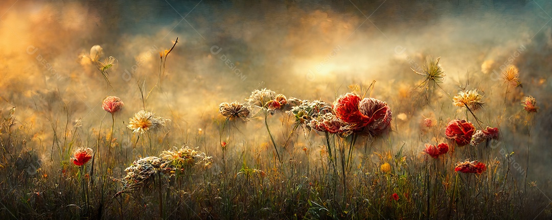 Belo campo florido com rosas em um jardim durante o pôr do sol com cores enojos.