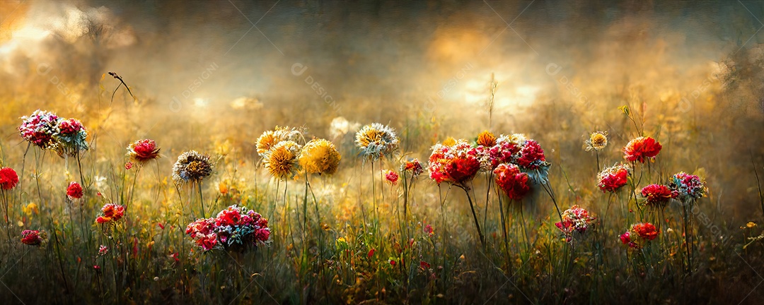 Belo campo florido com rosas em um jardim durante o pôr do sol com cores enojos.