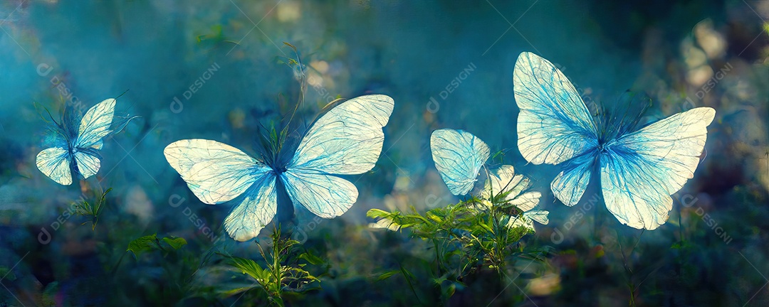 Lindas grandes borboletas azuis em um jardim mágico com névoa matinal.
