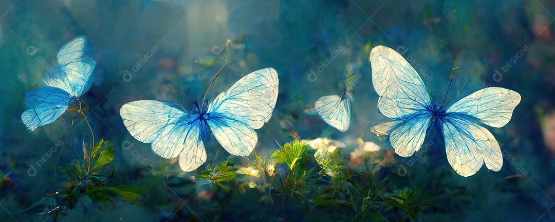 Lindas grandes borboletas azuis em um jardim mágico com névoa matinal.