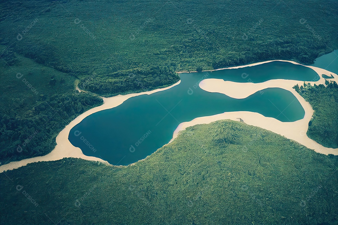 Vista aérea de uma bela floresta amazônica no Brasil atravessada por grandes rios com biodiversidade.