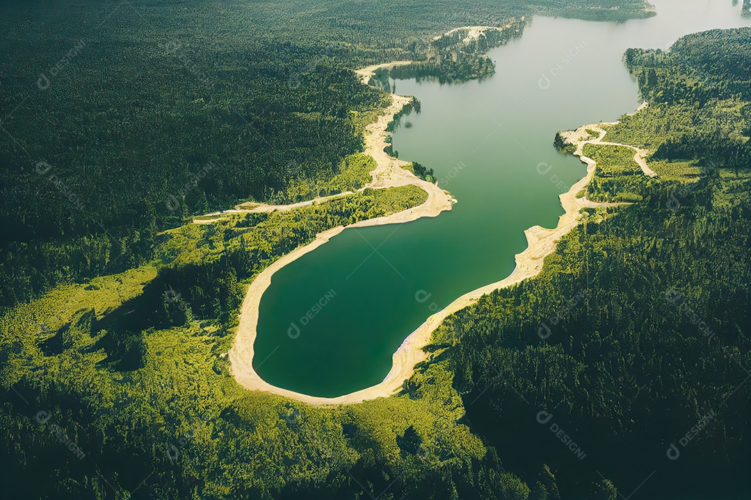 Vista aérea de uma bela floresta amazônica no Brasil atravessada por grandes rios com biodiversidade.