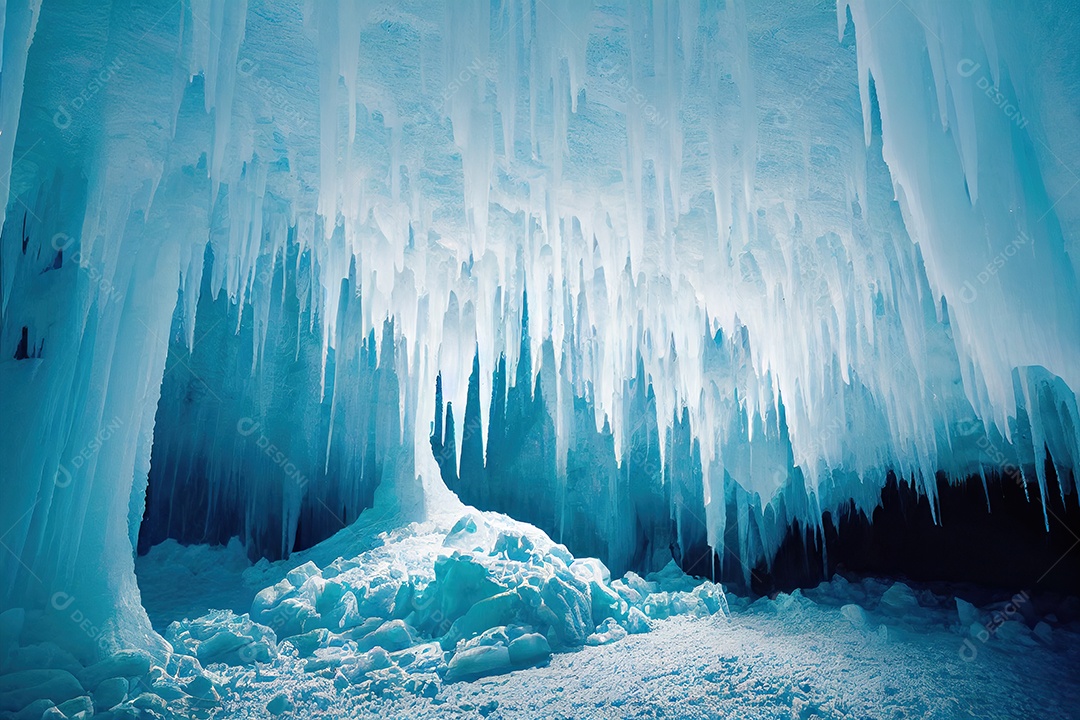 Uma bela paisagem dentro de uma grande caverna de gelo sob uma geleira islandesa, com estalactites e estalagmites.