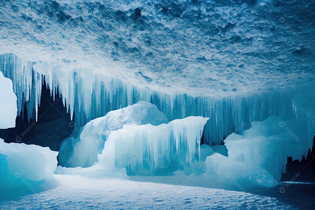 Uma bela paisagem dentro de uma grande caverna de gelo sob uma geleira islandesa, com estalactites e estalagmites.