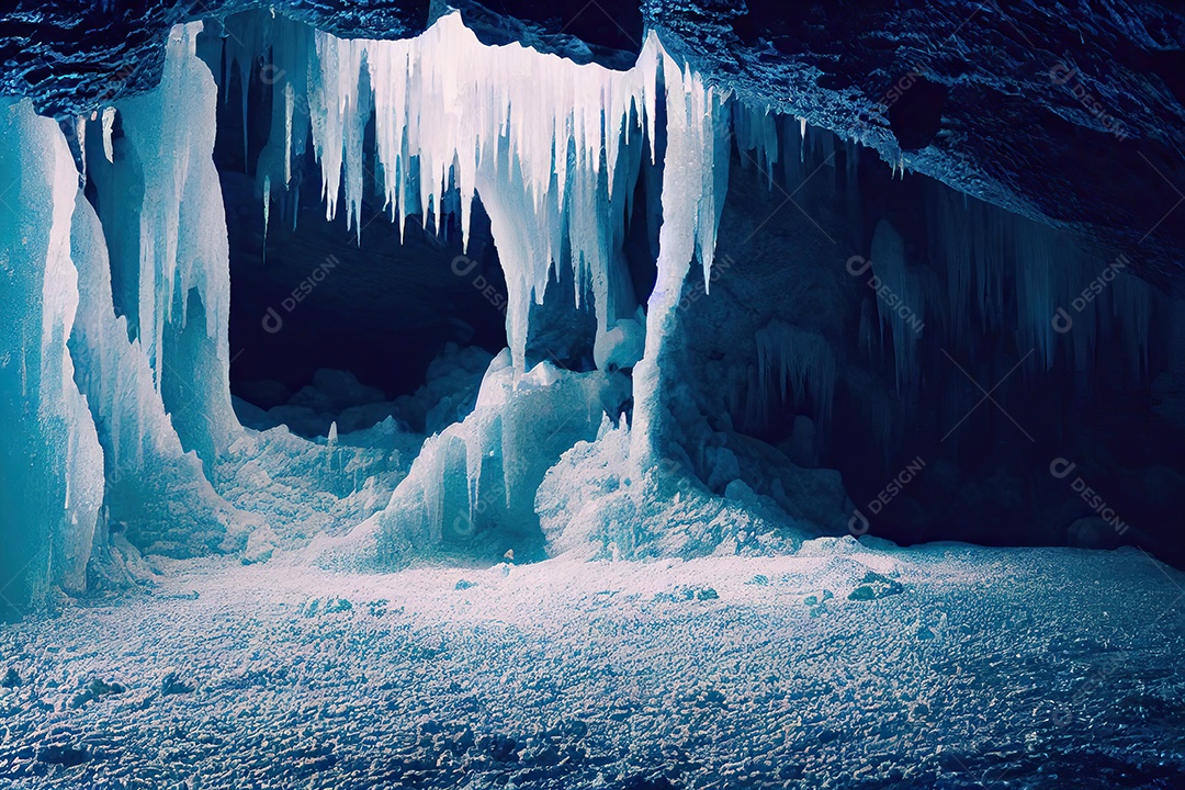 Uma bela paisagem dentro de uma grande caverna de gelo sob uma geleira islandesa, com estalactites e estalagmites.