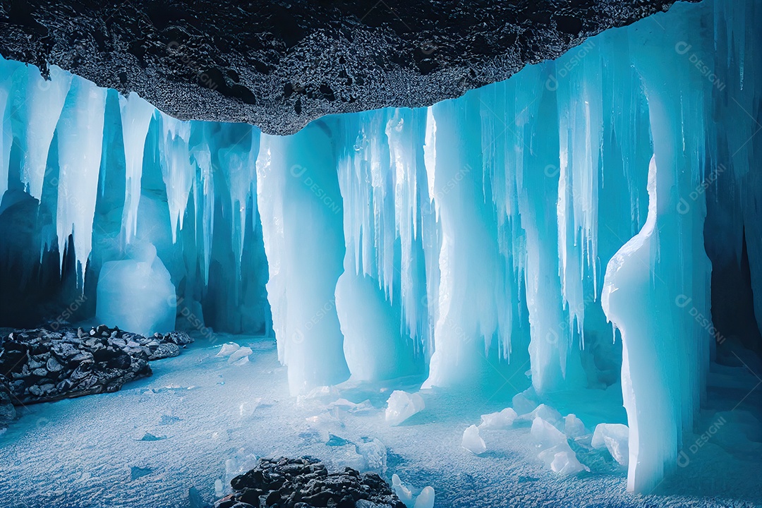 Uma bela paisagem dentro de uma grande caverna de gelo sob uma geleira islandesa, com estalactites e estalagmites.