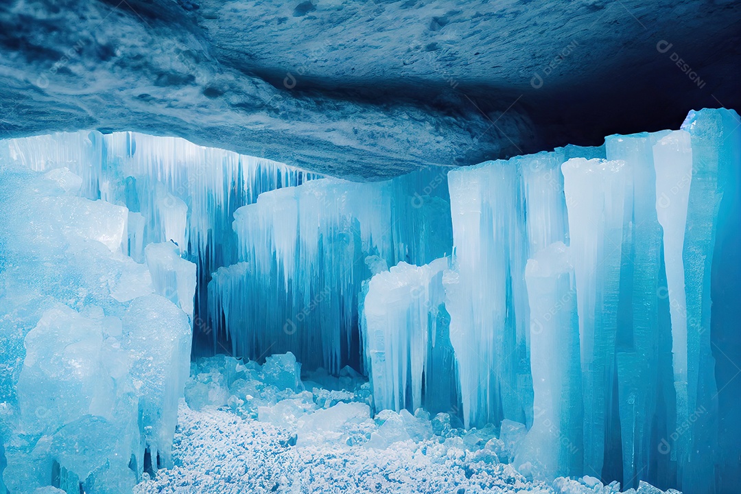 Uma bela paisagem dentro de uma grande caverna de gelo sob uma geleira islandesa, com estalactites e estalagmites.