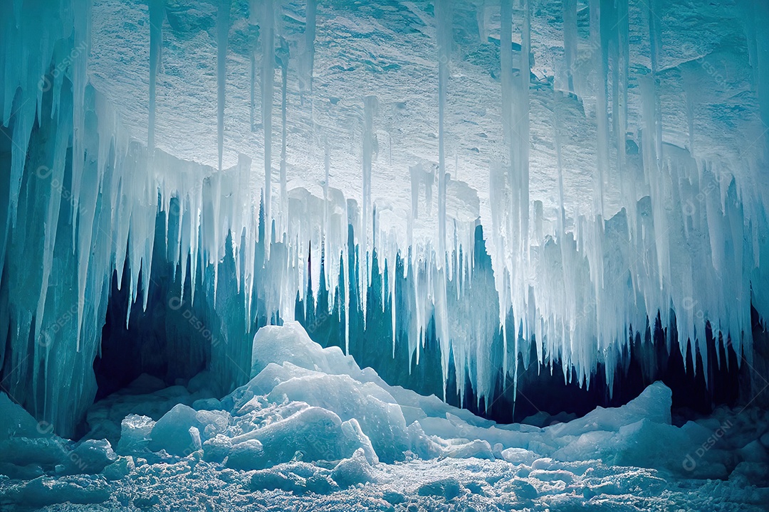 Uma bela paisagem dentro de uma grande caverna de gelo sob uma geleira islandesa, com estalactites e estalagmites.