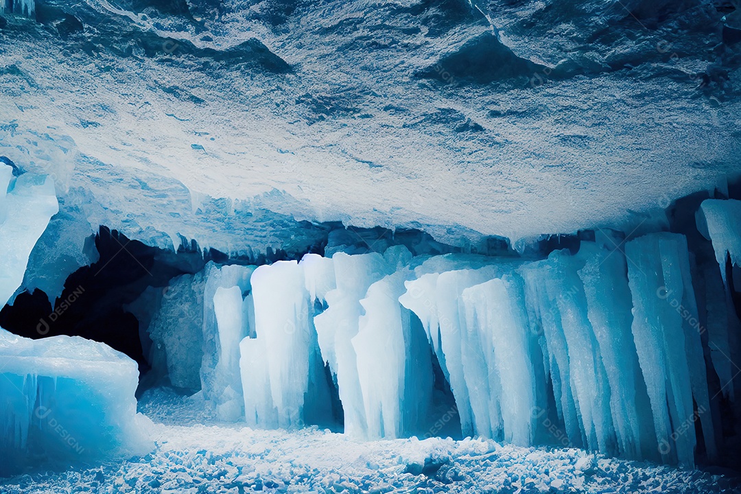Uma bela paisagem dentro de uma grande caverna de gelo sob uma geleira islandesa, com estalactites e estalagmites.