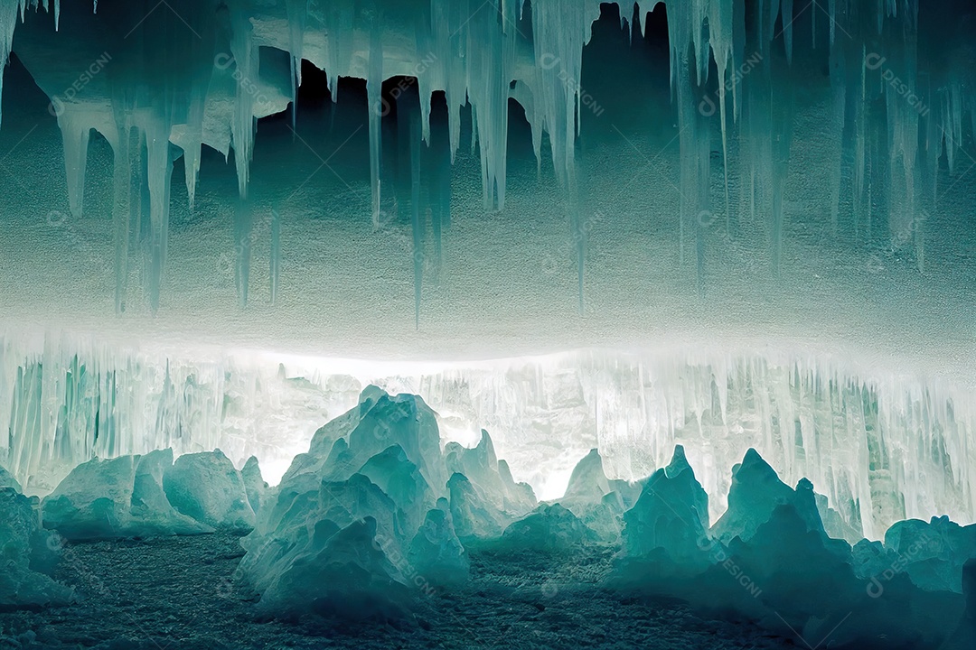 Uma bela paisagem dentro de uma grande caverna de gelo sob uma geleira islandesa, com estalactites e estalagmites.