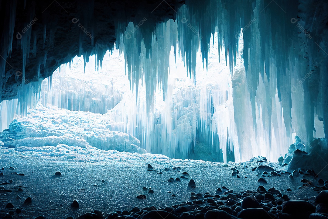 Uma bela paisagem dentro de uma grande caverna de gelo sob uma geleira islandesa, com estalactites e estalagmites.