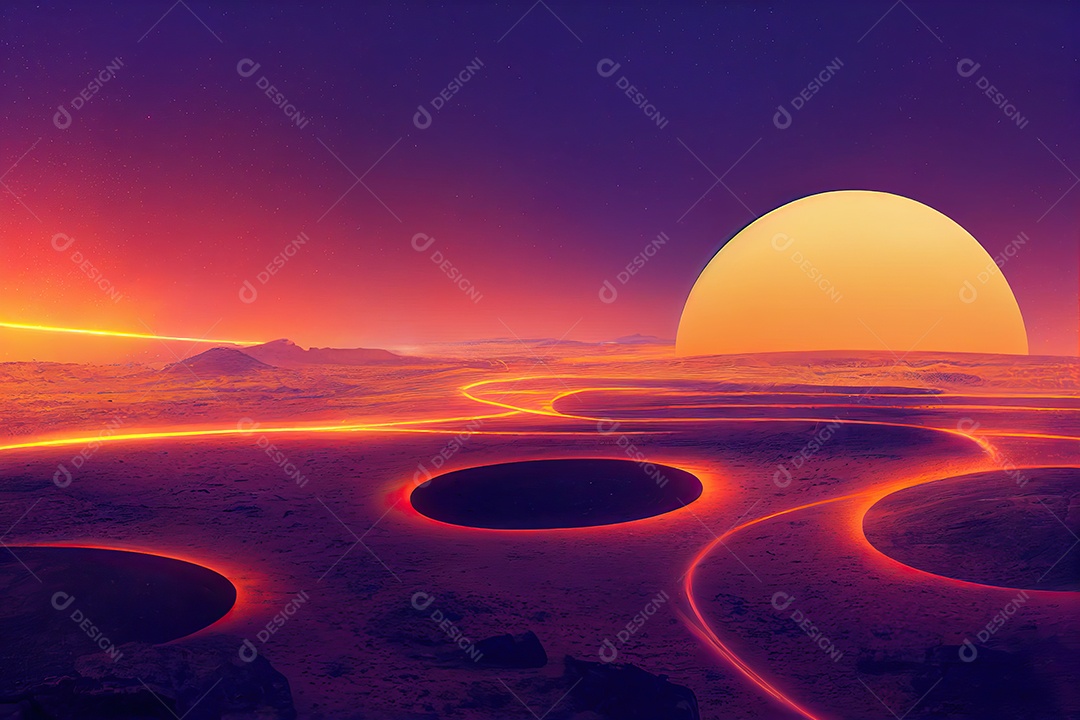 Uma bela paisagem de um planeta desconhecido com uma atmosfera vermelha muito quente e crateras vulcânicas.